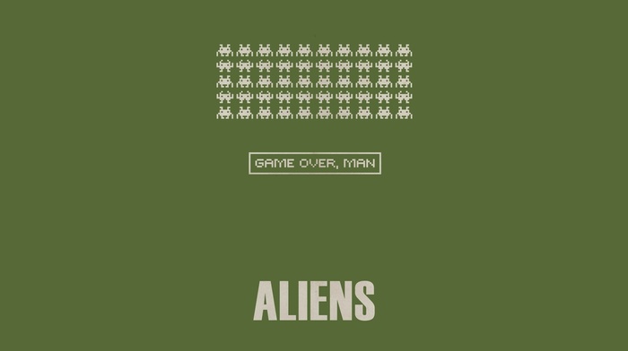 humor, video games, minimalism, space invaders, aliens, text, GAME OVER, pixels, retro games, simple background, digital art