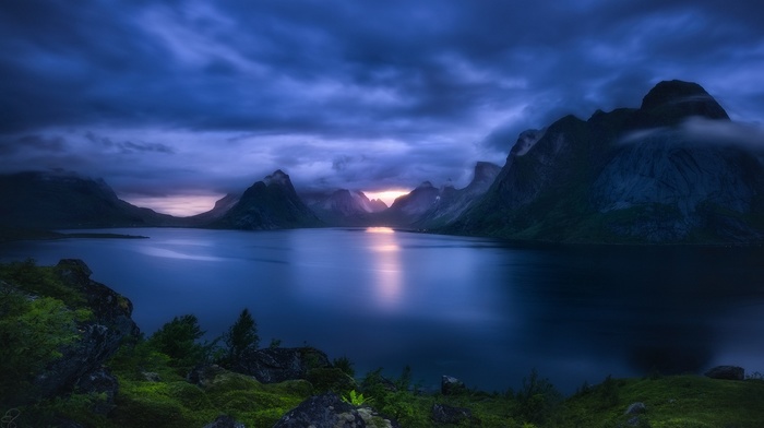 blue, nature, landscape, mountains, Norway, Lofoten, shrubs, clouds, grass, dark, sunset, lake