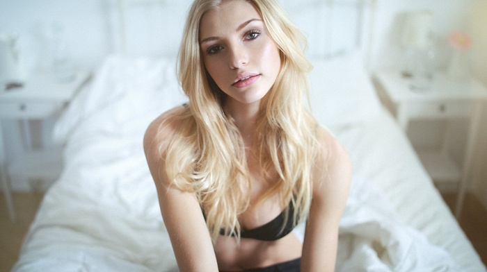 girl, model, black bras, blonde, in bed, portrait