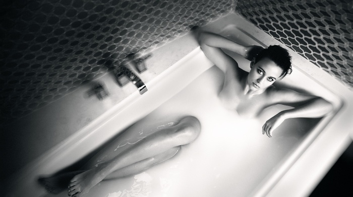girl, model, bathtub, monochrome