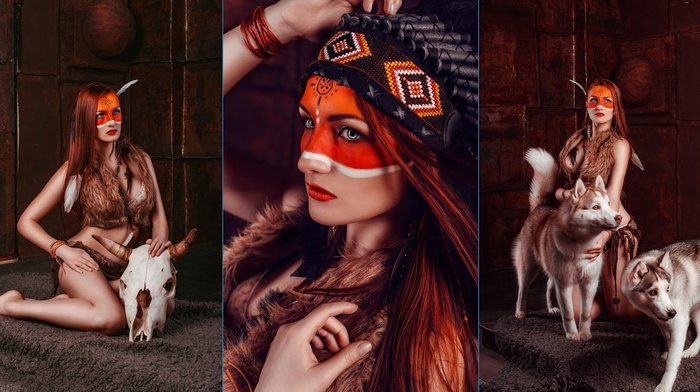 collage, girl, fantasy girl, model, animals, redhead, long hair, dog