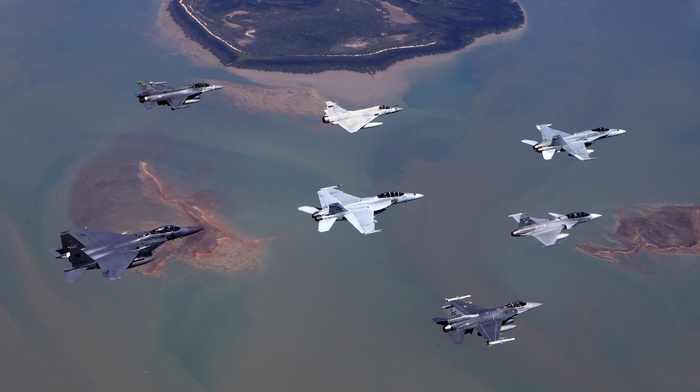 aircraft, aerial view, JAS, 39 Gripen, military aircraft, Dassault Mirage 2000N, McDonnell Douglas F, 15 eagle, McDonnell Douglas FA, 18 Hornet, General Dynamics F, 16 Fighting Falcon