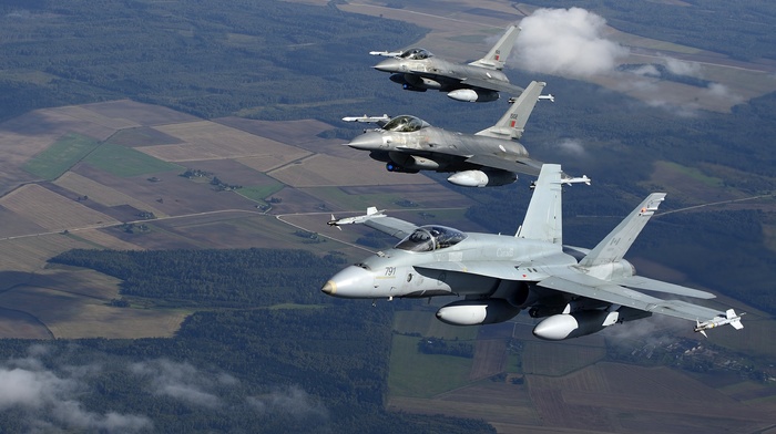 aircraft, McDonnell Douglas FA, 18 Hornet, General Dynamics F, 16 Fighting Falcon, military aircraft
