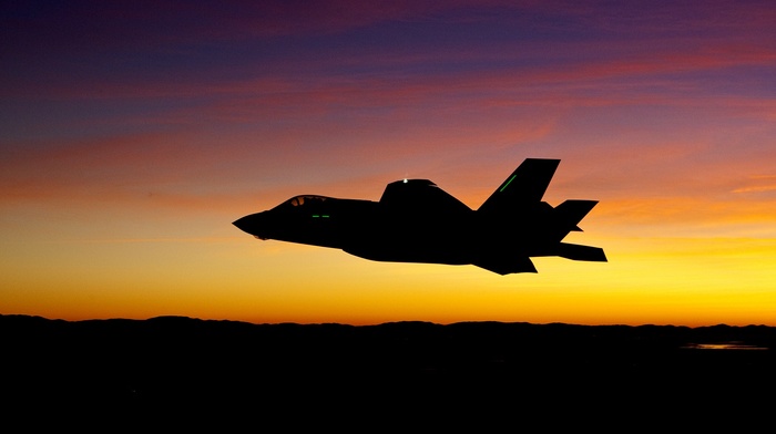 aircraft, military aircraft, silhouette, Lockheed Martin F, 35 Lightning II, sunset
