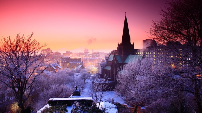 snow, photography, urban, cityscape, trees, winter, building, city, lights, church
