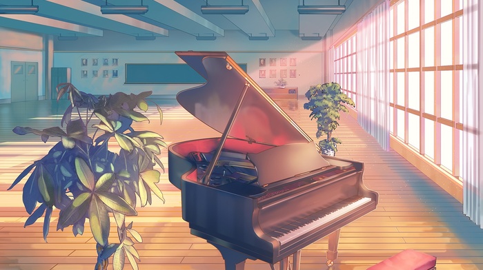 classroom, piano, anime
