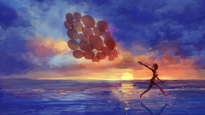 girl, digital art, clouds, running, balloon, bikini, Sun, sea