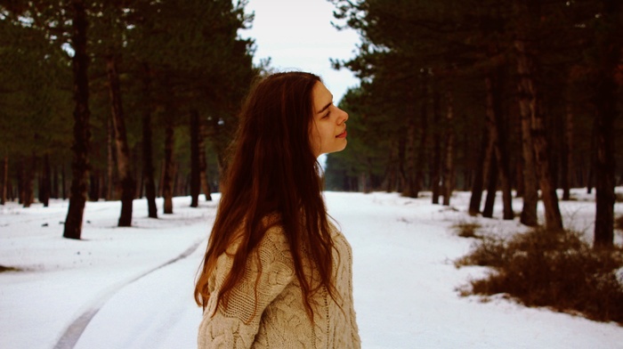 people, long hair, smirk, forest, snow, alone, trees, smiling, happy