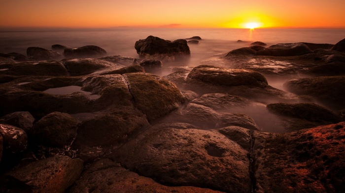 rock, stones, sunset, water, photography, nature, coast