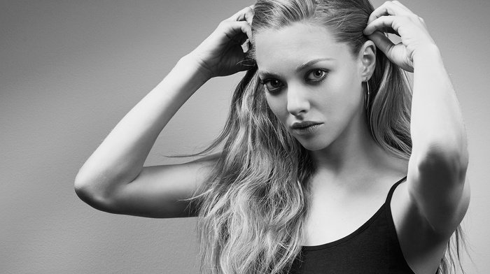 hands on head, girl, looking at viewer, simple background, celebrity, arms up, Amanda Seyfried, blonde, monochrome, actress