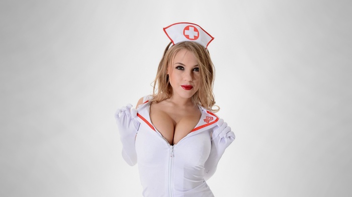 big boobs, Viola Bailey, blonde, simple background, nurse outfit, model