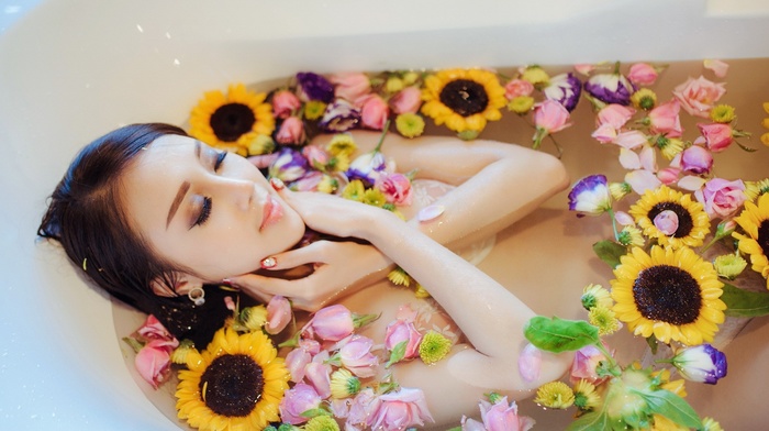 girl, flowers, bathtub, model, Asian, closed eyes, bath, sunflowers