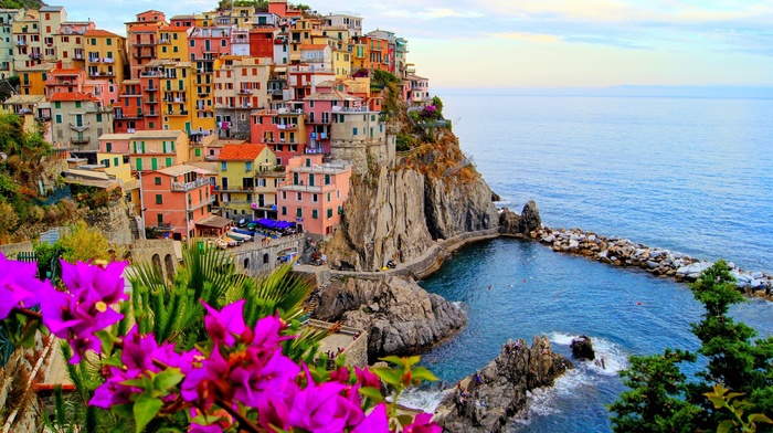 city, Italy, colorful, landscape, water, Manarola, house, building