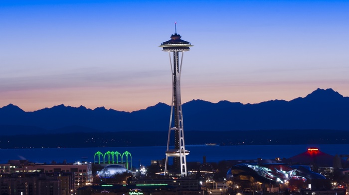 Seattle, city, mountains, dusk, Space Needle, urban, evening, photography, water, sea
