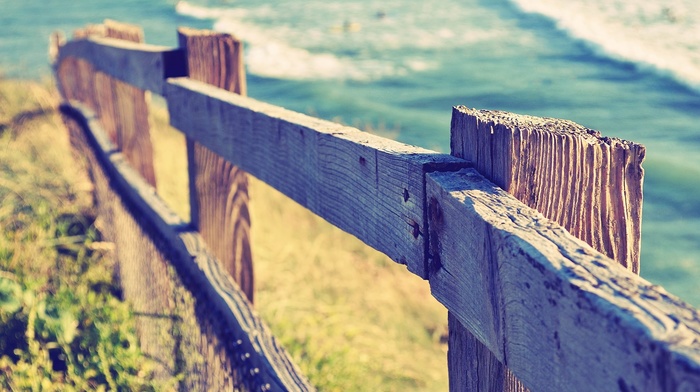 depth of field, fence, grass, coast, water, sea, photography
