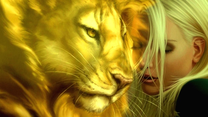 lion, artwork, girl, closed eyes