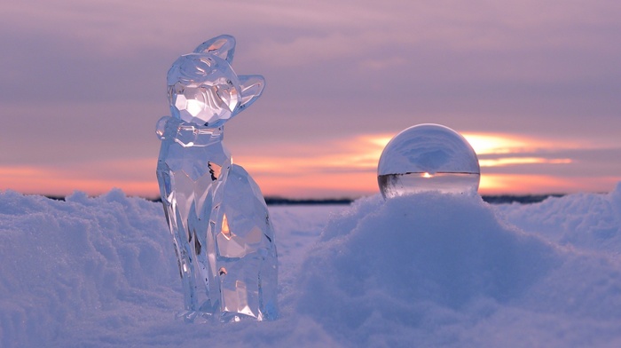 ball, ice, sphere, glass, depth of field, cat, snow, kittens, reflection, nature, sunset, clouds, winter, crystal