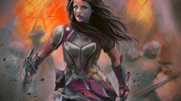 girl with swords, brunette, Lady Sif, armor, artwork, sword, fantasy art, girl, warrior