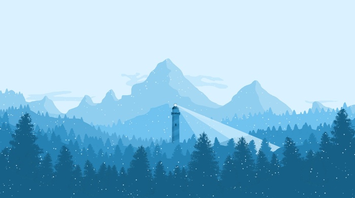 winter, blue, mountains, lighthouse