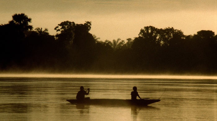 silhouette, river, jungle, canoes