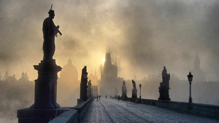 statue, Charles Bridge, bridge, Czech Republic, Prague, mist