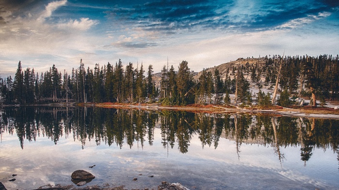 reflection, mountains, lake, clouds