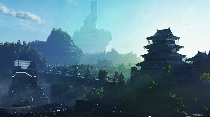 pagoda, nature, futuristic