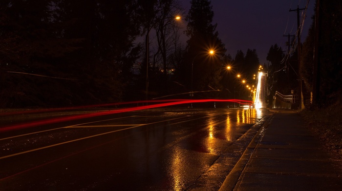 long exposure, photography, rain, city, lights, trees, urban, road, night