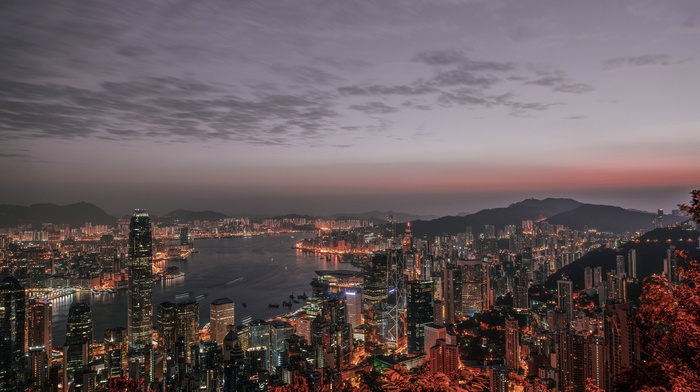 cityscape, photography, Hong Kong, city, sea, dusk, skyscraper, building, urban, water