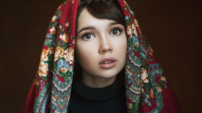 brown eyes, Ekaterina Ermakova, turtlenecks, girl, portrait, Maxim Maximov, brunette, face, simple background