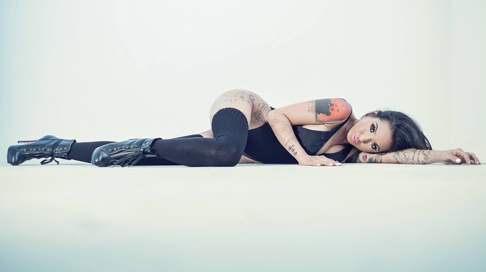 girl, tattoo, model, on the floor
