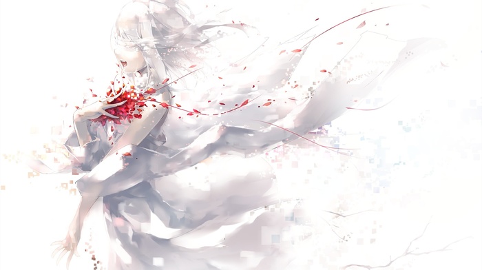 rose, original characters, white hair, white, white dress, petals, bandage