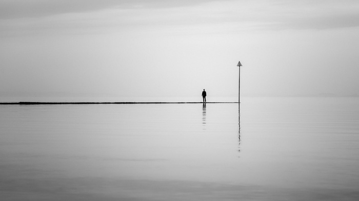 monochrome, minimalism, water, men, pier, nature, reflection