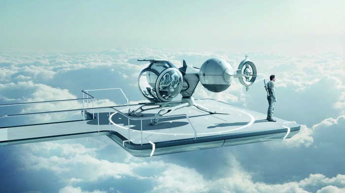 men, clouds, sky, movies, Tom Cruise, alone, helicopters, shadow, helipads, futuristic, Oblivion movie, actor, spaceship