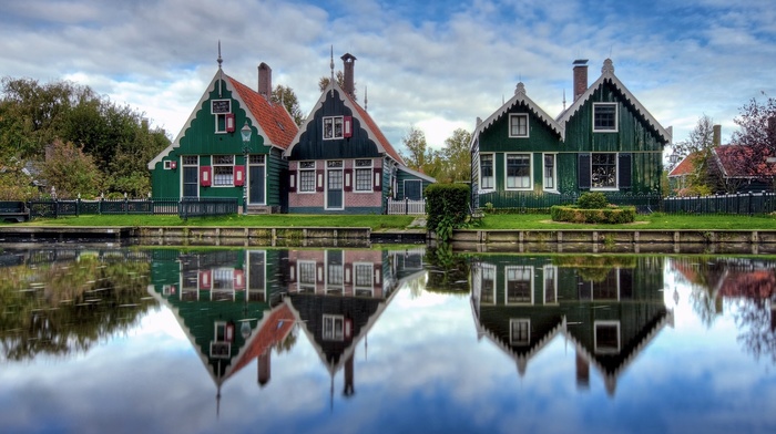trees, water, garden, architecture, village, grass, reflection, house, clouds, Netherlands
