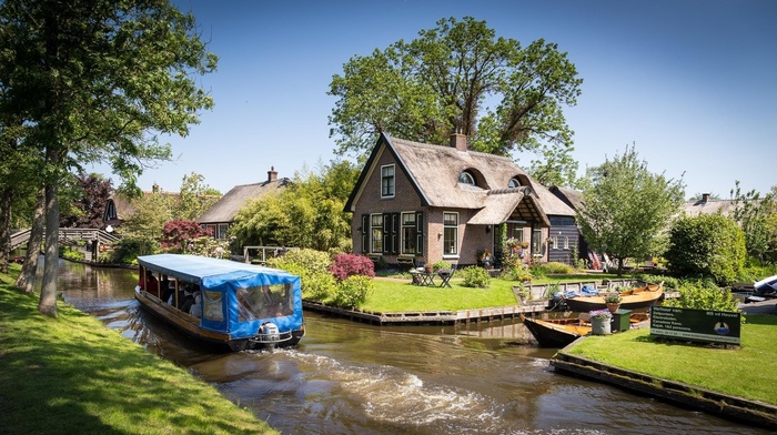 garden, house, summer, village, grass, trees, water, architecture, Tourism, Netherlands, canal, flowers, people, boat