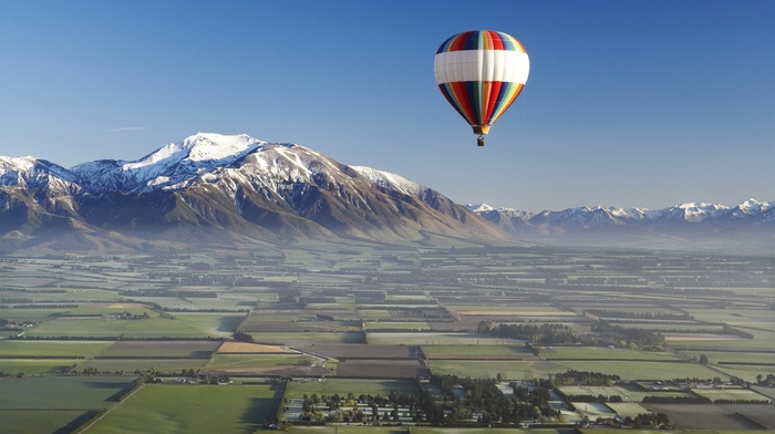 hot air balloons, aerial view, New Zealand, snowy peak