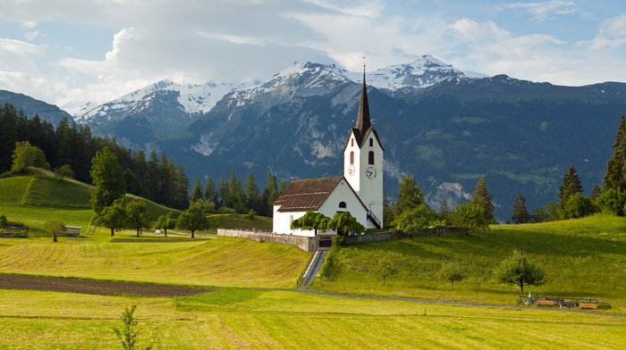 grass, mountains, church