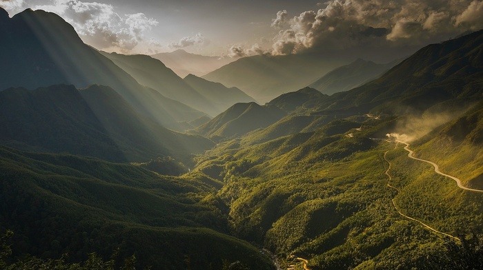 forest, valley, clouds, Vietnam, dirt road, mountains, mist, sun rays, river, nature, landscape