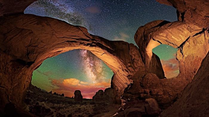 long exposure, landscape, nature, Arches National Park, desert, Utah, Milky Way, starry night, erosion, rock