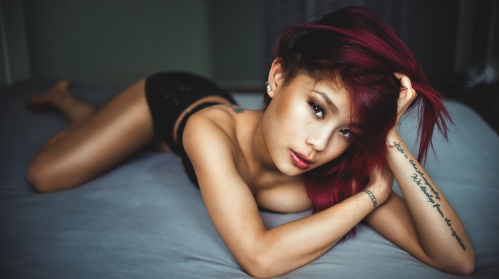 dyed hair, tattoo, girl, hands on head, looking at viewer, Asian, black lingerie, in bed