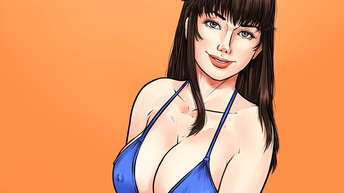 artwork, girl, orange background, big boobs, looking at viewer, simple background, long hair