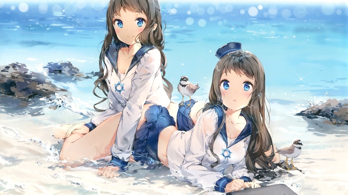 sea, sailor uniform, anime girls, anime, water, original characters