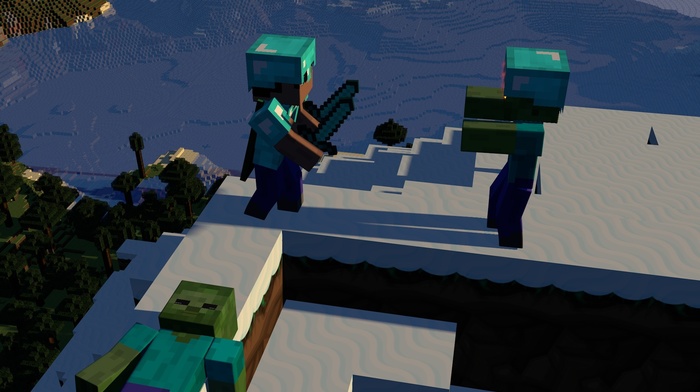 mountains, snow, attack, Minecraft, zombies