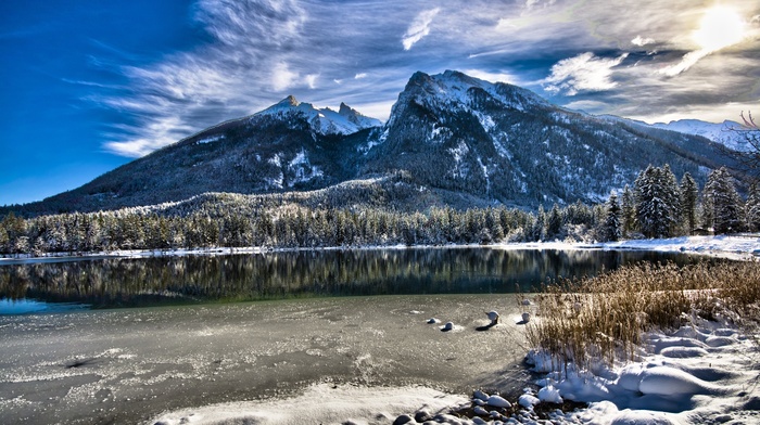 lake, forest, pine trees, winter, plants, snow, landscape, nature, clouds, trees, mountains, snowy peak, reflection