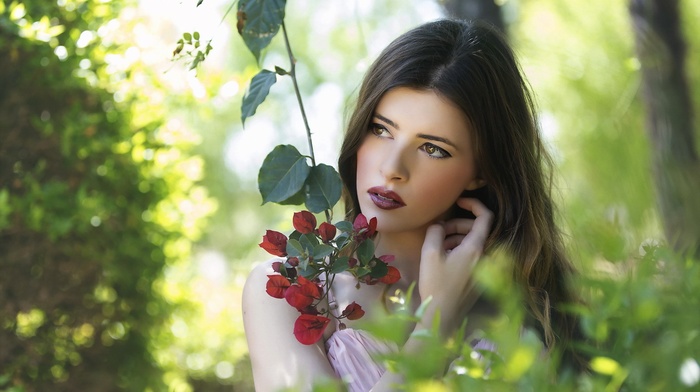 portrait, girl, flowers, looking away, brunette, model