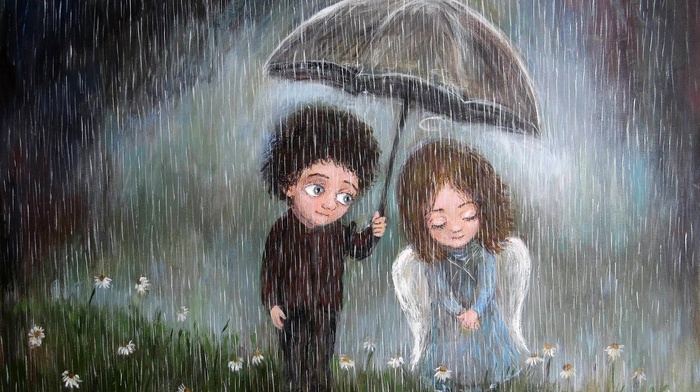 artwork, field, emotion, umbrella, angel, couple, flowers, rain