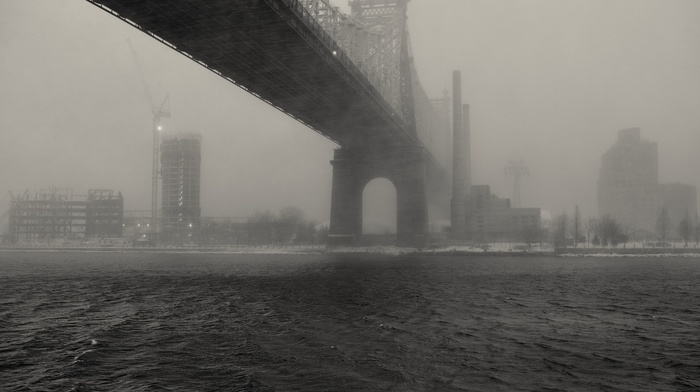 bridge, monochrome, New York City, mist, Queensboro Bridge