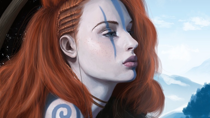redhead, tattoo, girl, fantasy art, artwork, Archer