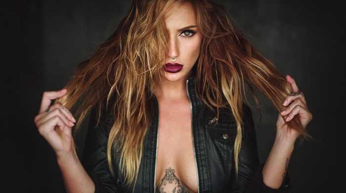 dyed hair, leather jackets, girl, no bra, green eyes, pierced nose, tattoo, cleavage, sideboob, portrait, red lipstick